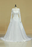 A Line Long Sleeves White Lace Appliques Satin Beads Open Back Wedding Dresses