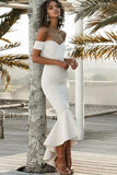 Mermaid Off the Shoulder Sweetheart Ivory Satin Open Back Ruffles Bridesmaid Dresses