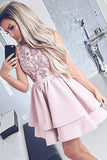 Pretty Bateau Short Blush Pink Scoop Satin Lace Appliques Homecoming Dresses