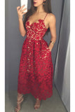 Mid-calf Red Lace Spaghetti Straps with Pockets Sweetheart Homecoming Dresses