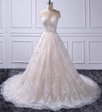 Unique A Line Lace Appliques Cap Sleeves Ivory V Neck Beads Wedding Dresses