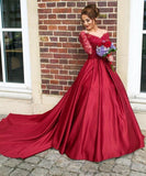 Long Sleeves Off the Shoulder Burgundy Sweetheart Satin Lace Ball Gown Prom Dresses