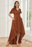 A-line Short Sleeves High Low Chiffon Bridesmaid Dresses