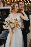 Elegant A Line Tulle Ivory V Neck Wedding Dresses With Pearls, V Back Beach Bridal Dresses STI15153