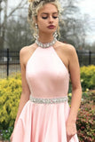 Elegant Charming Long Open Back Beading A-Line Pink Prom Dresses PPE8NXT3