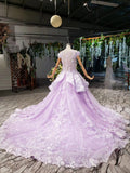 Ball Gown Lace Appliques Cap Sleeves Long Prom Dresses, Quinceanera STI20480