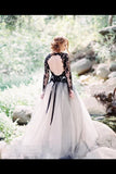 Long Sleeves Wedding Dresses Black Appliques Bridal P1APPZAP