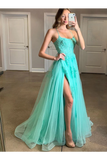 Spaghetti Straps High Slit Evening Dress Appliqued Sweep Train Long Prom STIPK6C7A1K