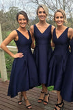 A Line V Neck Satin High Low Short Bridesmaid Dresses, Prom Dresses STI15043