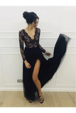 A-Line Long Sleeves Tulle Floor Length Black Prom Dress STIP4DAY74D