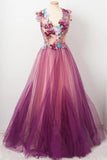 Elegant A line Burgundy Tulle Flower Prom Dresses Scoop Appliqued Party Dresses STI15144