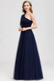 Simple A Line One Shoulder Navy Blue Tulle Prom Dresses Cheap Formal Dresses STI15382