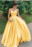 A Line Yellow Satin Prom Dresses, Strapless Sweetheart Sleeveless Party Dresses STI15046