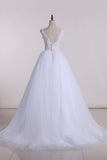 2024 V Neck With Applique Wedding Dresses Tulle A Line PMCZ4NRL