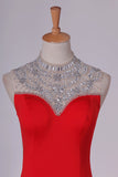 2024 Red High Neck Prom Dresses Sheath/Colum With Beading P3XSANTS