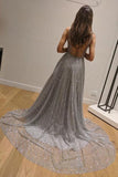 Chic A-Line Silver Backless V Neck Fashion Custom Unique Long Prom Dresses STI15130