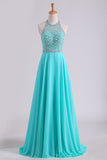 2024 A Line Prom Dresses Halter Beaded Bodice Open Back Sweep Train Chiffon & PNY91XXH