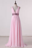 2024 A Line Prom Dresses V Neck Chiffon With Beads PJ4GC761