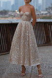 Strapless A Line Sparkly School Party Dresses Ankle Length Prom Dresses