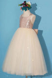 Princess Gold Sequin Shiny Round Neck Flower Girl Dresses with Bowknot, Baby Dresses STI15589