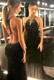 Sexy Black Mermaid Prom Dresses Chiffon Beading Halter Evening STI20468