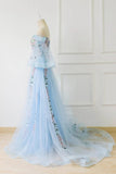 Light Blue Off the Shoulder Half Sleeve Prom Dresses, Sweetheart Evening Dress STI15238