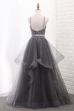 2024 A Line Tulle Spaghetti Straps Two-Piece Prom Dresses PLXSPEBS