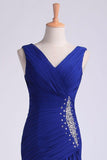 2024 V Neck Pleated Bodice Column Sweep Train Prom Dress PANXC188