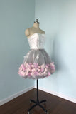 Cute Gray Strapless Tulle Homecoming Dresses with Flowers Short Sweet 16 Dresses STI14971