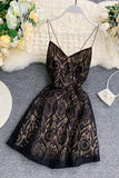 A Line Spaghetti Straps Lace V Neck Navy Blue Homecoming Dresses, Sweet 16 Dresses STI15555