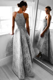 Elegant Spaghetti Straps High Gray Lace Long Prom Dresses PCCRXKX1