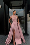 Charming High Neck Beading Satin Pink Cap Sleeves Prom Dresses with Split, Dance Dresses STI15100