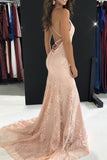 Elegant Straps V Neck Burgundy Lace Mermaid Long Evening Dresses, Prom Dresses STI15206