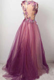 Elegant A line Burgundy Tulle Flower Prom Dresses Scoop Appliqued Party Dresses STI15144