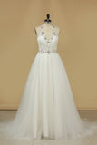 2024 Halter Wedding Dresses A Line Open Back Tulle With Emroidery PZNSSX28