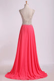 2024 V Neck Beaded Bodice Prom Dresses A Line Sweep P91KGMSF