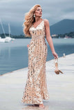 Sexy Mermaid Sequin V Neck Prom Dresses for Women V Back Pink Party Dresses STI15340