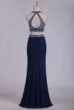 2024 Prom Dresses Open Back Halter Two-Piece Sheath Spandex & Tulle With P153JFTT