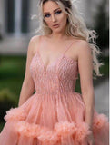 Gorgeous Ball Gown Spaghetti Straps Tulle Ruffles V Neck Prom Dresses with Sequins STI15519