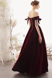 Charming A Line Long Off the Shoulder Burgundy V Neck Prom Dresses with Sweetheart STI15089