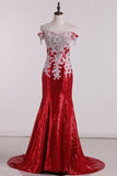 2024 Prom Dresses Sweep Train Mermaid Off-The-Shoulder PSQT34EA