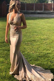 Elegant V Neck Halter Mermaid Appliques Prom Dresses with Beadding, Backless Party Dress STI15213