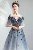 A Line Half Sleeves Tulle Long Ombre Prom Dress with Appliques Blue Evening Dresses STI15001