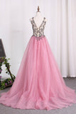 2024 New Arrival A Line Tulle Straps Prom Dresses With Beading P13CT271