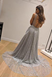 Chic A-Line Silver Backless V Neck Fashion Custom Unique Long Prom Dresses STI15130