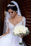 2024 V Neck Long Sleeves A Line Wedding Dresses Tulle With Applique P373B3SE