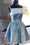 Shiny Blue Satin Beading Square Neck Sleeveless Homecoming Dress Knee Length PPH2ZNLD