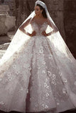 Stunning Long Sleeve Ball Gown 3D Flowers Wedding Dresses, Long Wedding Gowns STI15435