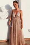 Flowy A Line Spaghetti Straps Champagne V Neck Prom Dresses with Sequins STI15227