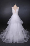 Elegant V-neck Tulle Open Back Wedding Dresses, Asymmetrical Long Bridal Dresses STI15217